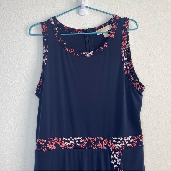 Michael Kors Border Print Faux Wrap Dress Navy Blue and Pink Floral Jersey Knit - Picture 3 of 9